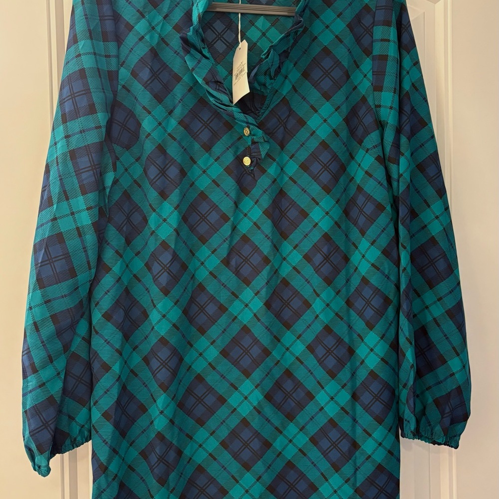 Mudpie green and Navy Plaid Long Sleeve Shirt New with Tags